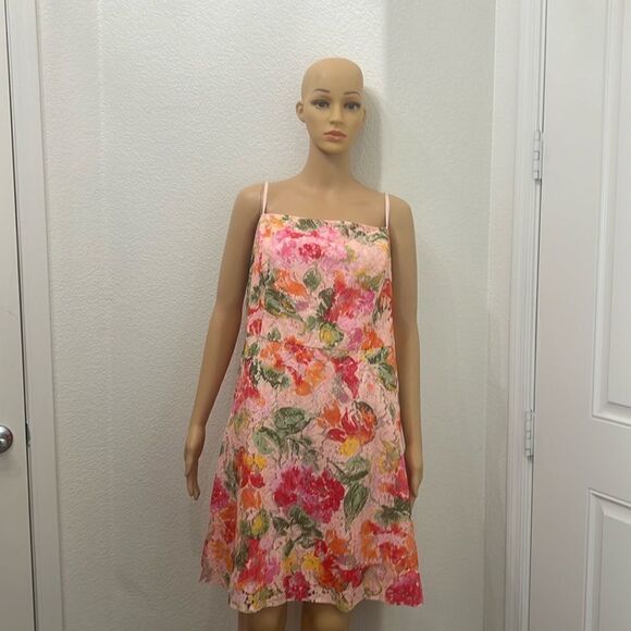 DB Studio Floral Lace Midi Length Flower Dress Spaghetti Strap Sleeve Pink Red - Picture 5 of 10